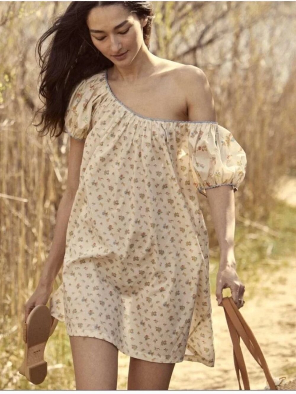 Doen Cream Floral One-Shoulder Mini with Puff Sleeve